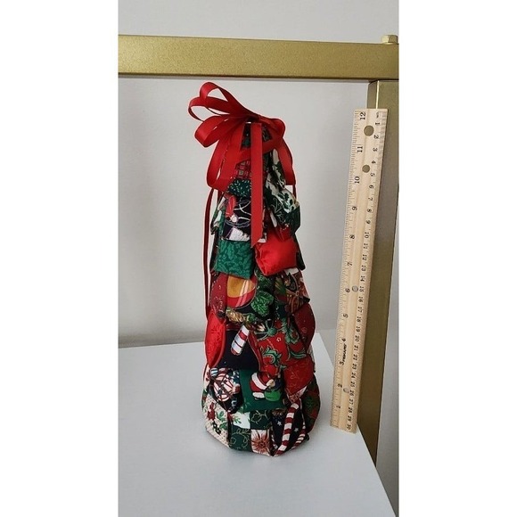 Vintage Handmade Folded Fabric Christmas Tree Santa Red Green Home Decor - Picture 1 of 4